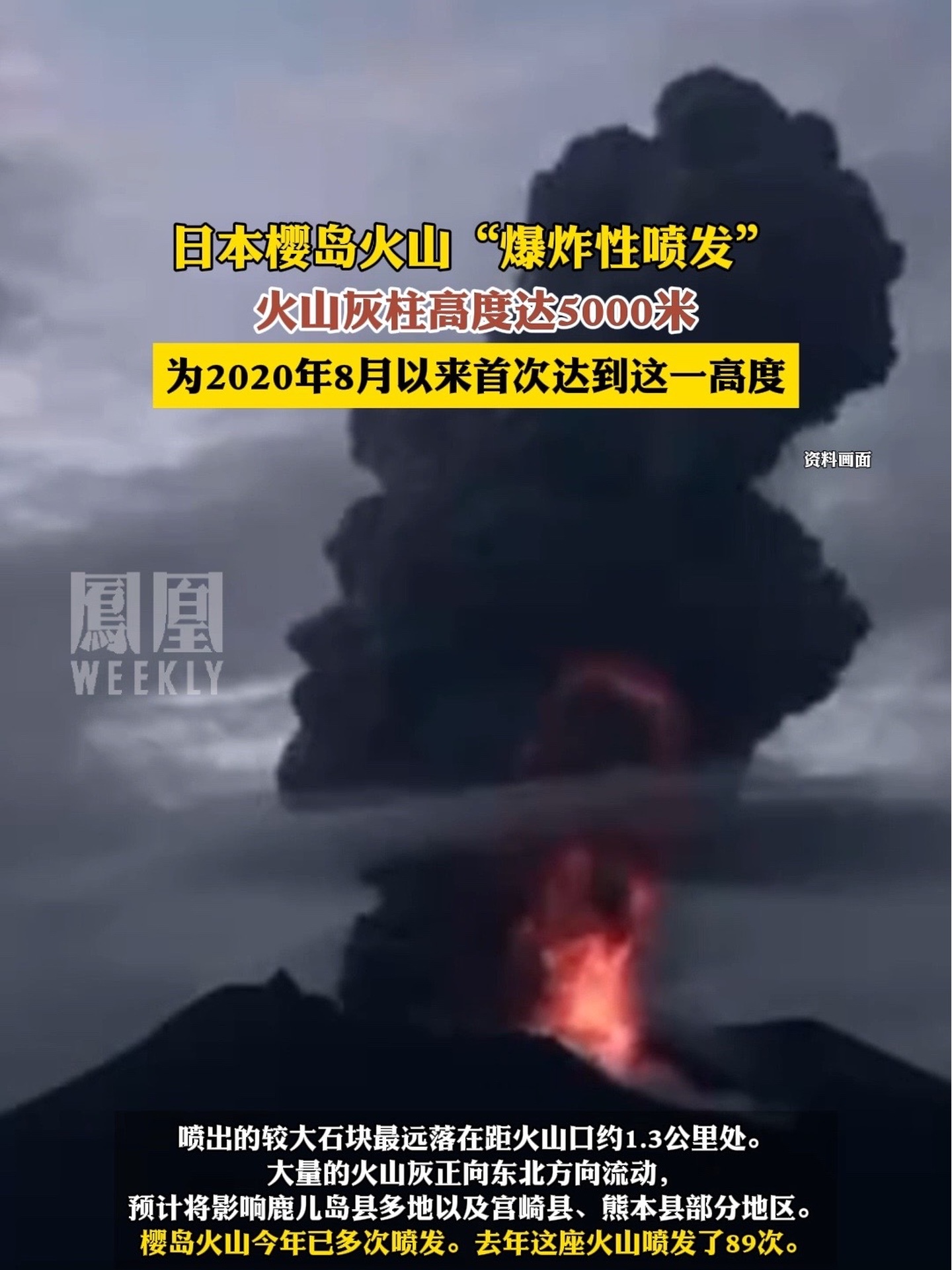 日本一火山喷发，壮观火山灰柱直冲云霄，高度达5000米